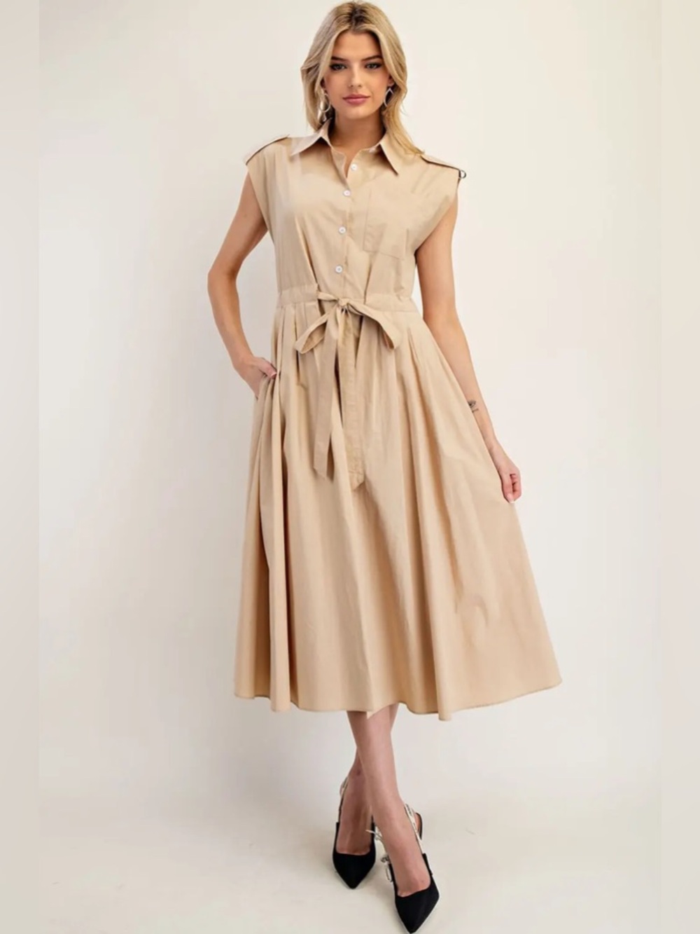 149 • Elegant Retro Beige Cap Sleeve Midi Tie Dress